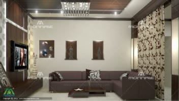 L Shape Grey Sofa With Tv Unit And False Ceiling By Monnaie