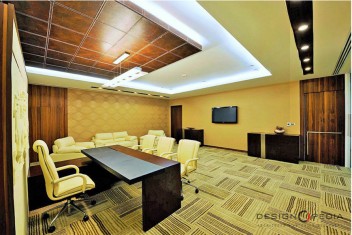 Office Cabin Decor With Wooden Tile Ceiling By Designopedia