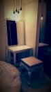 White glossy Dressing Table with hanging Lights and designed Full Body Mirror by Alaya D'Decor Bedroom Contemporary | Interior Design Photos & Ideas
