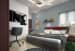 Master bedroom with grey platform bed frame and LED false cob light illuminating the attached study area by Monnaie Architects Bedroom Contemporary | Interior Design Photos & Ideas