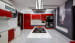 Red and White Themed Modular Kitchen with Marble Flooring and Wall Art by Monnaie Architects Modular-kitchen Modern | Interior Design Photos & Ideas