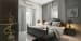 Bedroom with Queen Size Wooden Bed and Abstract Wall Art Hinged to Black Wall by Monnaie Architects Bedroom Contemporary | Interior Design Photos & Ideas