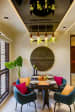 Blue Chairs With Yellow Red Cushions And Rustic Pendant Lights with Circular Wall Art by Dhaval Patel Dining-room Modern | Interior Design Photos & Ideas