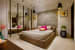 Fuchsia Elements In Beige Master Bedroom with Mirror Wall and Hanging Lights by Dhaval Patel Bedroom Minimalistic | Interior Design Photos & Ideas