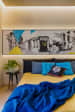 Pencil Sketch Wall Art and Queen Size Bed with Blue Shades Cushions by Dhaval Patel Bedroom Contemporary | Interior Design Photos & Ideas