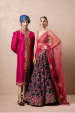 Navy Blue Lehenga With Floral Print For Bride And Dark Pink Sherwani For Groom by Shyamal & Bhumika Wedding-dresses Groom-wear-and-accessories | Weddings Photos & Ideas