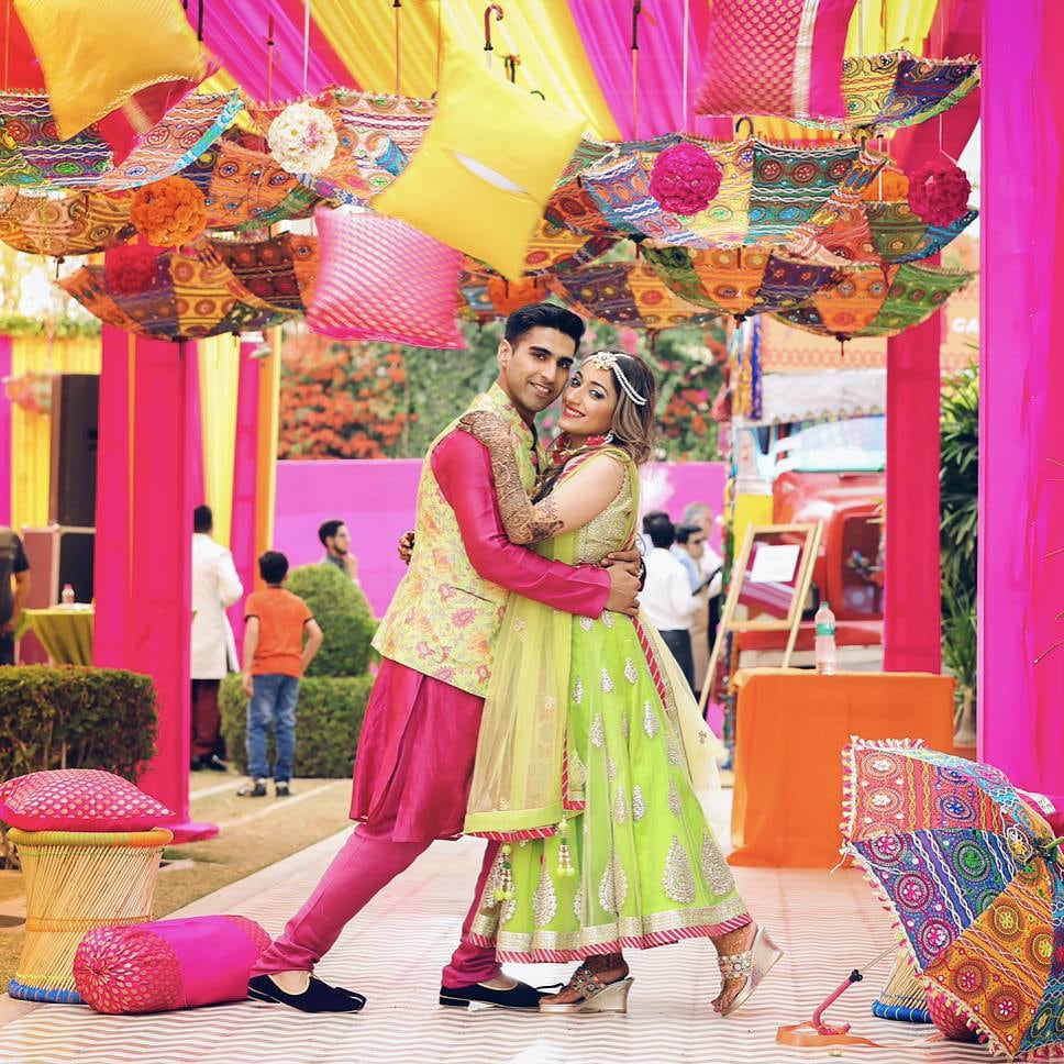 Quirky Bride And Groom Wear For Mehendi by Kabeer Grover Wedding-photography Groom-wear-and-accessories Wedding-dresses Wedding-decor | Weddings Photos & Ideas