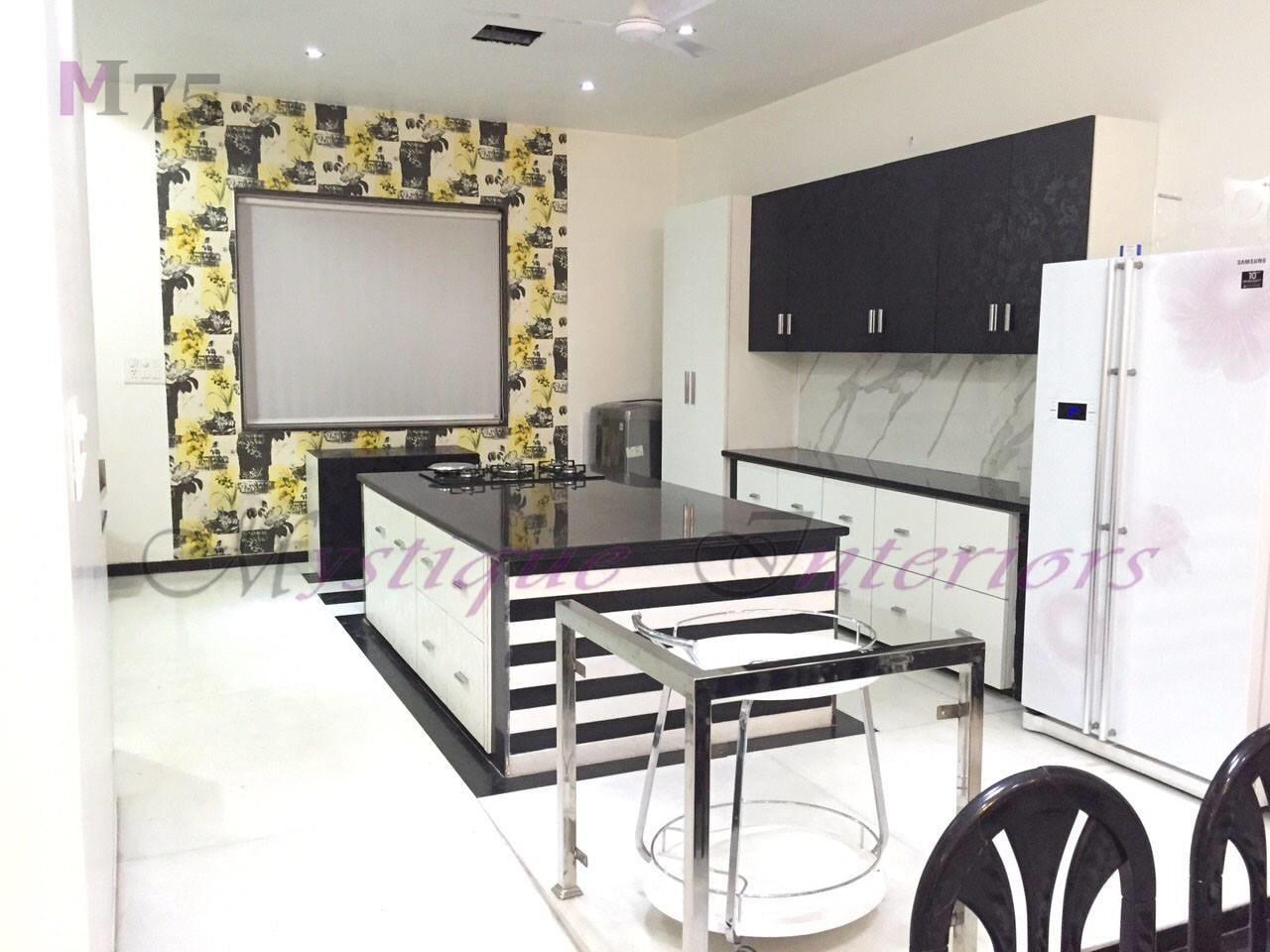floral White Modular Kitchen With Wall Art And Cabinets by Khyaati Verma Modular-kitchen Modern | Interior Design Photos & Ideas