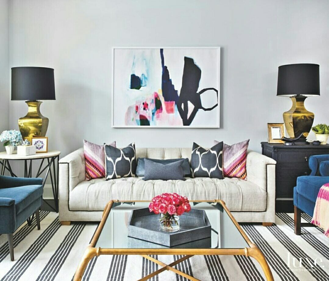 Ghost White Living Room With Carpet And Black Lamp by Nishtha Nayyar Living-room Contemporary | Interior Design Photos & Ideas