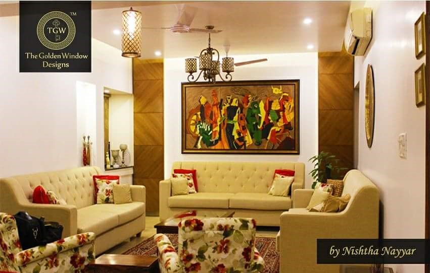Living Room with Cream Sofa and a Traditional Wall Painting by Chetan Chanana Living-room Traditional | Interior Design Photos & Ideas