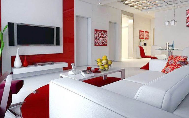 White And Red Shades For living Room by Aneja Developers Living-room Modern | Interior Design Photos & Ideas