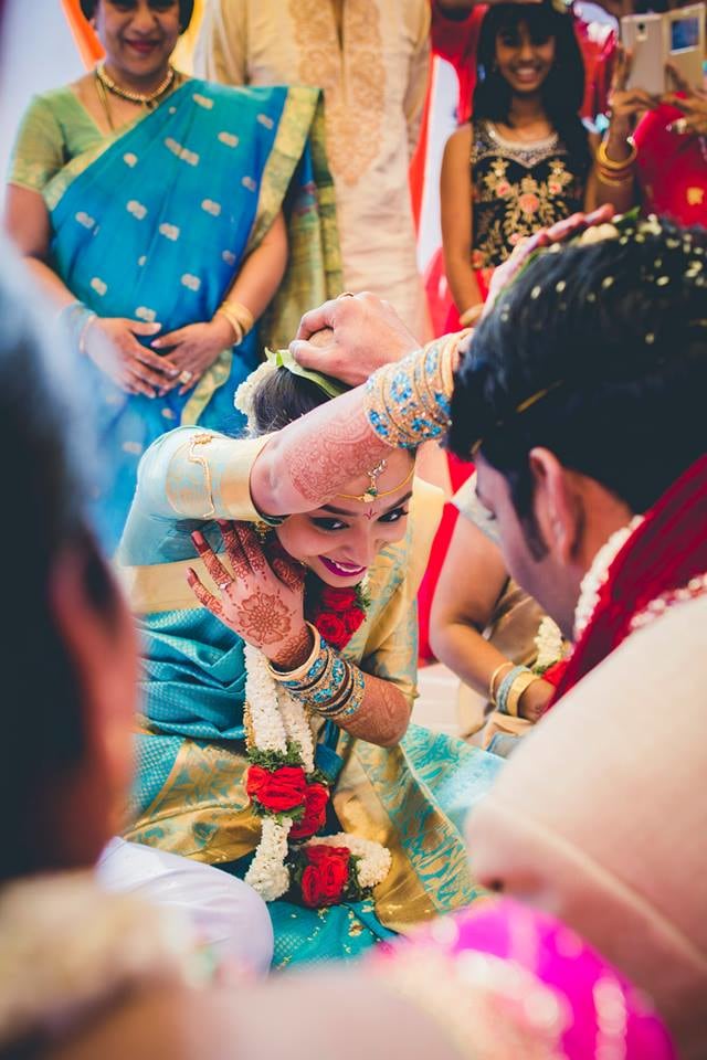 Gorgeous Bride In Blue Silk Saree With Golden Border by Jude N Lazaro Wedding-photography Wedding-dresses | Weddings Photos & Ideas