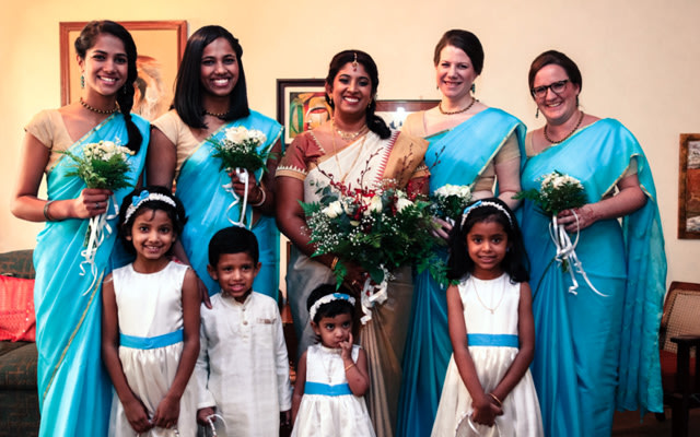 Bride and Her Bridesmaids Wearing Matching Sky Blue and Golden Sarees by Great Indian Weddings Wedding-photography | Weddings Photos & Ideas