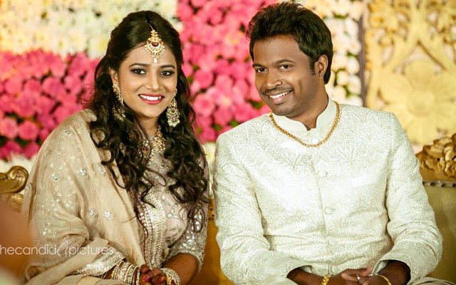 Bride and Groom Wearing Beige Themed Outfits During Their Reception by Kiran Kumar J Wedding-photography | Weddings Photos & Ideas