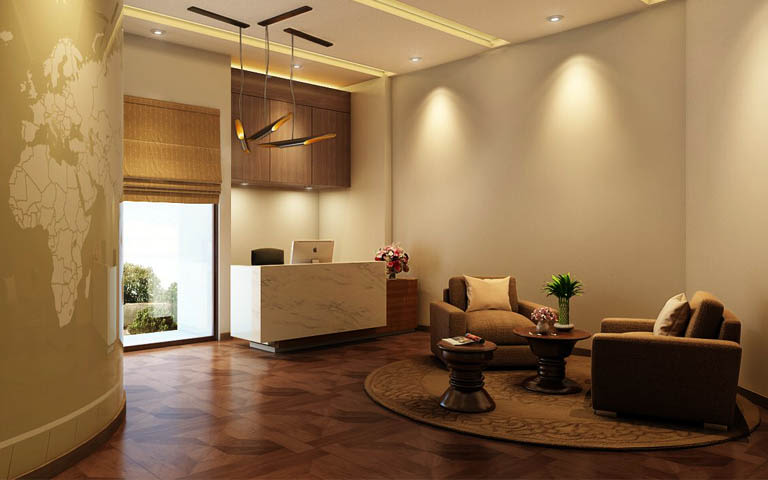 Office Reception With Loveseat Sofa And Wooden Flooring by Parvez Alam Contemporary | Interior Design Photos & Ideas