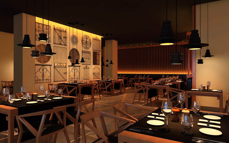 Restaurant With Dark Wood Tables And Wood Frame Petite Chairs by Parvez Alam Contemporary | Interior Design Photos & Ideas