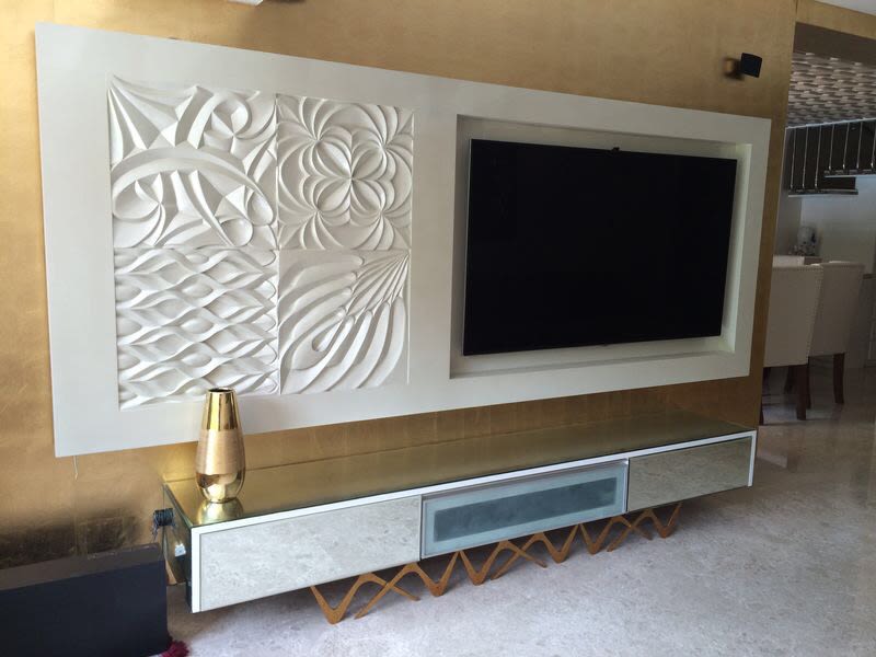 Contemporary white themed TV cabinet decor by ARCHITECT KAUSHAL CHOUHAN Living-room | Interior Design Photos & Ideas