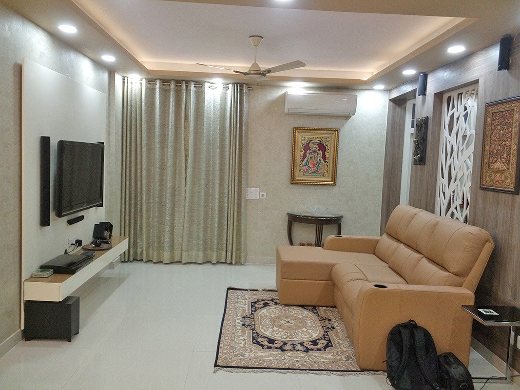 Living Room with L Shaped Brown Sofa and TV Unti by Ar. Barkha Jain Living-room Modern | Interior Design Photos & Ideas