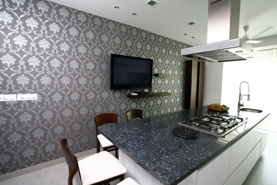 Island Kitchen With Wooden Side Chairs by Yogesh Goel Modular-kitchen Contemporary | Interior Design Photos & Ideas