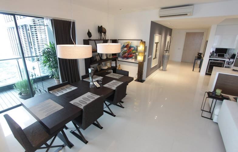 Brown Dining Table And White Hanging Lights by Yogesh Goel Dining-room Contemporary | Interior Design Photos & Ideas
