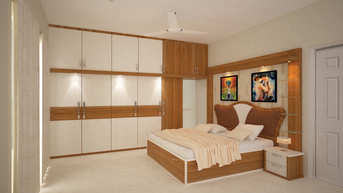 An Elegant Master Bedroom With Wooden Furniture by Megha Jain Bedroom | Interior Design Photos & Ideas