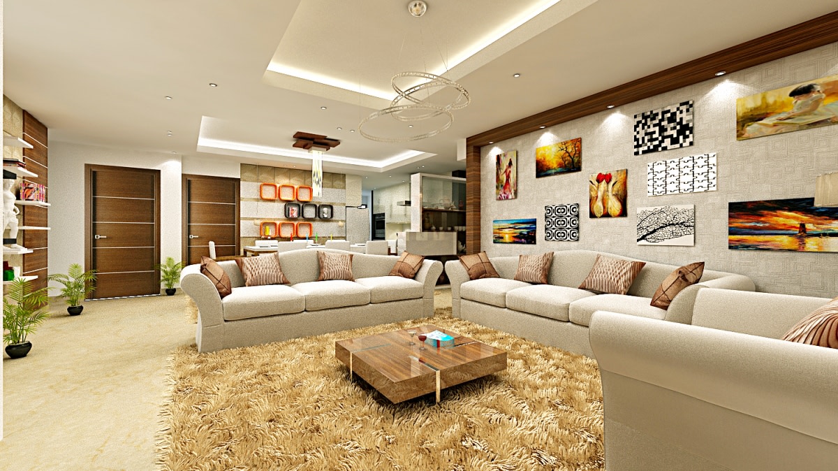 A Large Contemporary Living Room With Wooden Furniture by Megha Jain Living-room | Interior Design Photos & Ideas