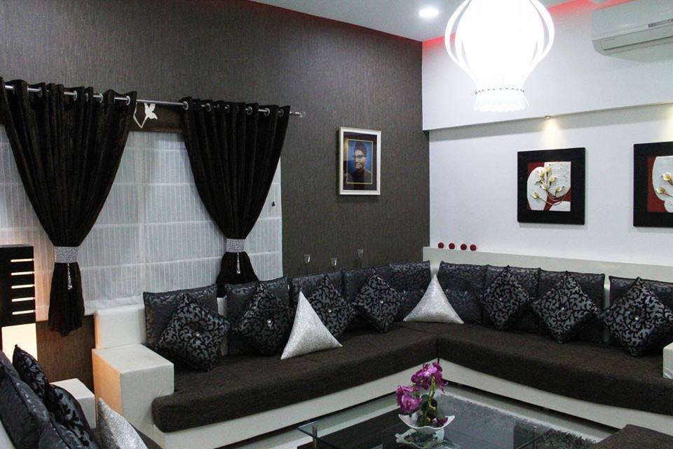 Black And White Sectional Sofa With Black Curtains by Megha Jain Living-room Modern | Interior Design Photos & Ideas