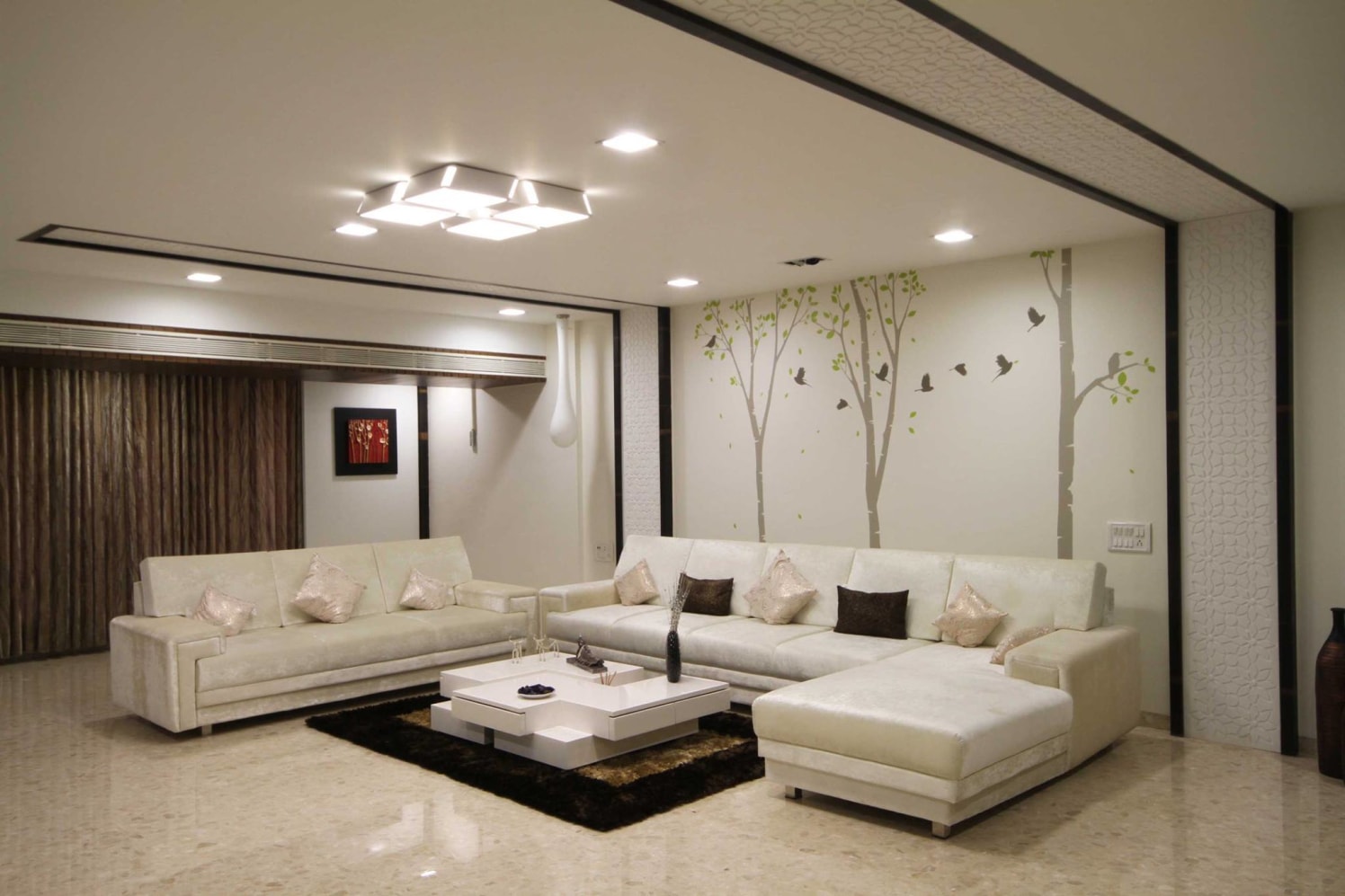 White Themed Living Room With Tree Wall Art by Ankur Tulsyan Living-room Modern | Interior Design Photos & Ideas