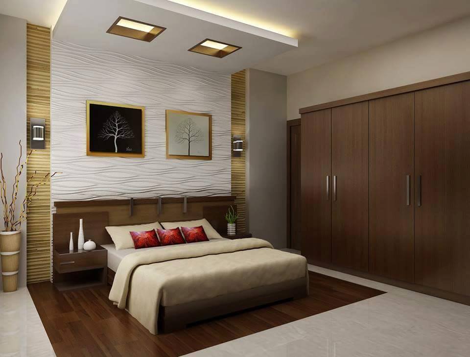 Neutral Bedroom Decor With Red Detailing and Wooden Wardrobe by Ankur Tulsyan Bedroom Modern | Interior Design Photos & Ideas