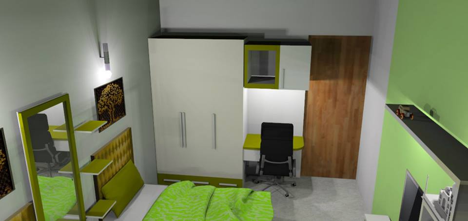 3D design of a bedroom with green walls by Bella Cucina Consultancy Bedroom | Interior Design Photos & Ideas