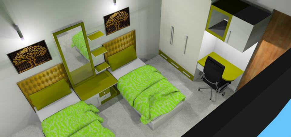 3D design of a bedroom with green walls by Bella Cucina Consultancy Bedroom | Interior Design Photos & Ideas
