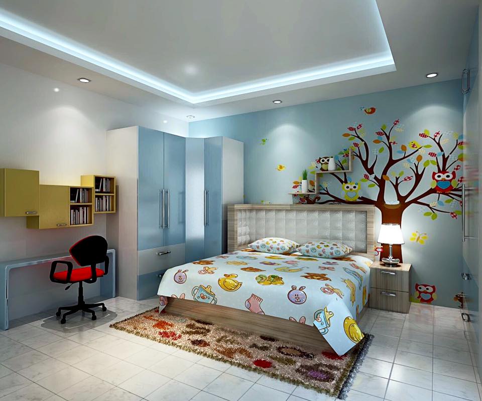 A modern 3D kids bedroom with blue walls by Bella Cucina Consultancy Bedroom | Interior Design Photos & Ideas