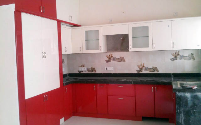 Cherry Themed L-Shaped Modular Kitchen Decor by Vijay Modular-kitchen Modern | Interior Design Photos & Ideas