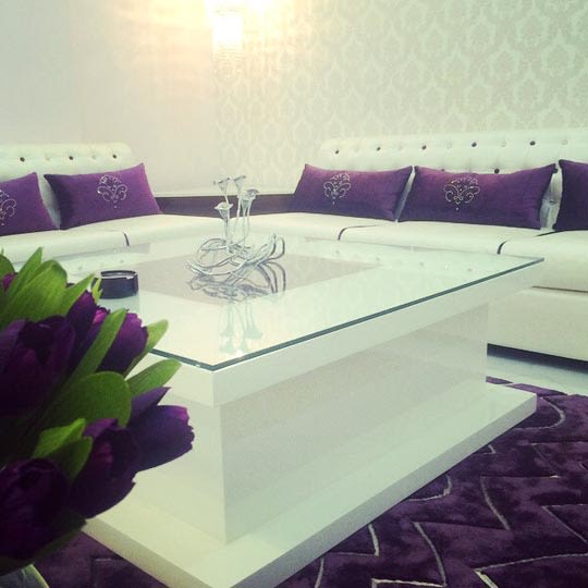 Royal White Themed Living Room With Purple Detailings by Shrey Living-room Modern | Interior Design Photos & Ideas