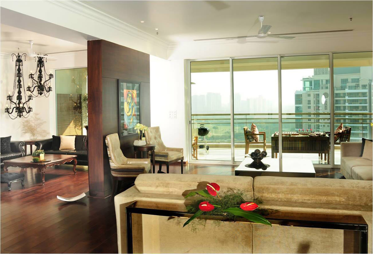 Golden Theme Living Room With Wooden Flooring by Ram Malhotra Living-room Modern | Interior Design Photos & Ideas