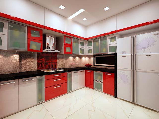 Red L shaped kitchen by Karan patel Modular-kitchen | Interior Design Photos & Ideas