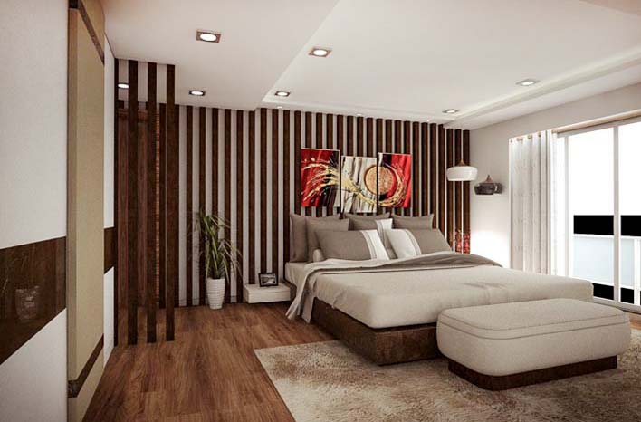 Vintage Theme Bedroom Decor With Gold and White Striped Walls by Mangesh Mestry Bedroom Contemporary | Interior Design Photos & Ideas