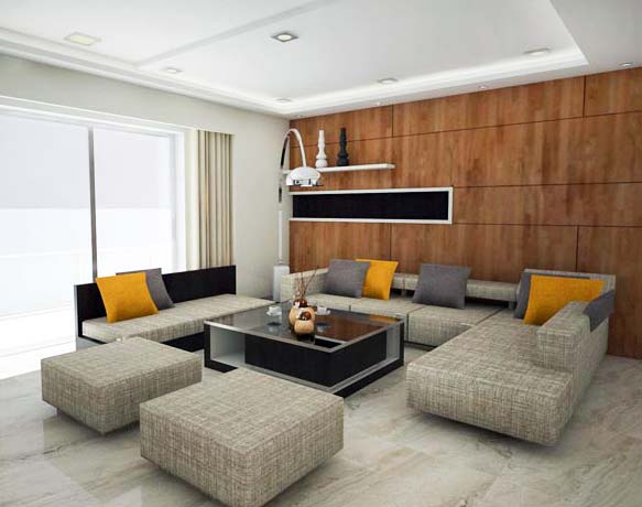 Living Room With Gray Sectional Sofas and Wood Finish Wall by Mangesh Mestry Living-room Modern | Interior Design Photos & Ideas