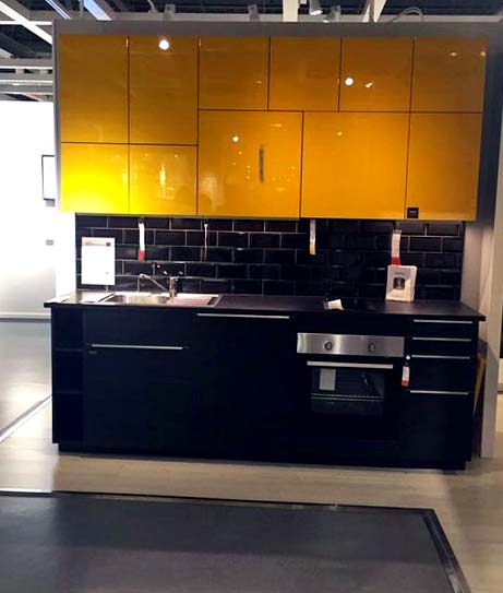Modular Kitchen With Black Tiles and Yellow Cabinets by Mangesh Mestry Modular-kitchen Modern | Interior Design Photos & Ideas