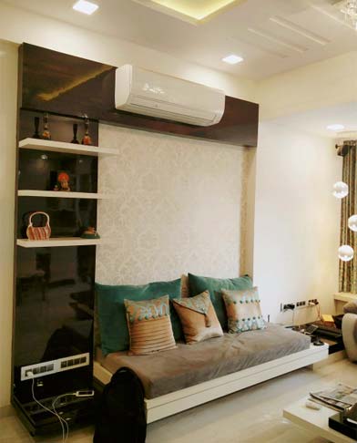 Caramel Themed Velvet Settee With Black Display Unit by Mangesh Mestry Living-room Modern | Interior Design Photos & Ideas