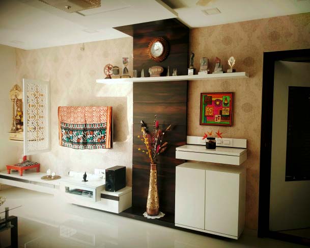 Wooden Display Unit With Golden Textured Wall by Mangesh Mestry Living-room Contemporary | Interior Design Photos & Ideas