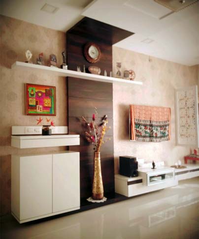 Beige Textured Wall Living Room With Wooden Display by Mangesh Mestry Living-room Modern | Interior Design Photos & Ideas