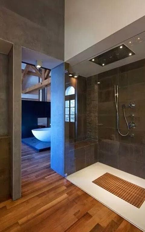 Light Brown And Coyote Shaded Bathroom With Wooden Floor by Sanjiv Bhalla Bathroom Minimalistic | Interior Design Photos & Ideas