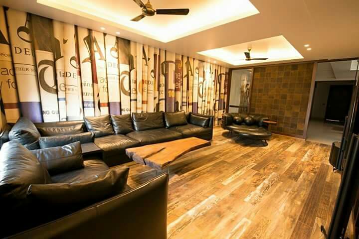 Golden Oak Shaded Living Room With Black Sofa by Sanjiv Bhalla Living-room Contemporary | Interior Design Photos & Ideas