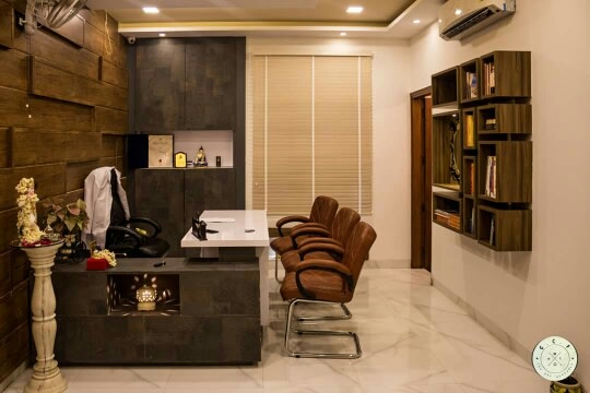Leather finish closed style office interiors by Designmantra | Interior Design Photos & Ideas