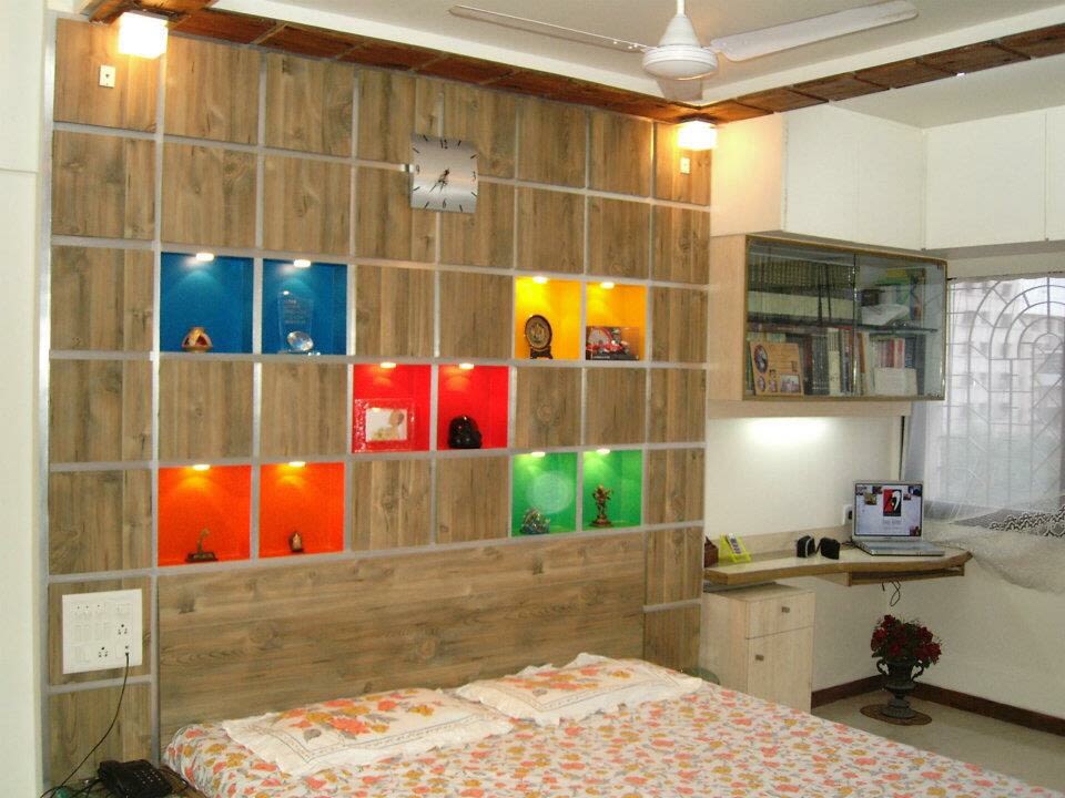 Bedroom With Pop Colour Wooden Wall by Amish Rathod Bedroom Modern | Interior Design Photos & Ideas