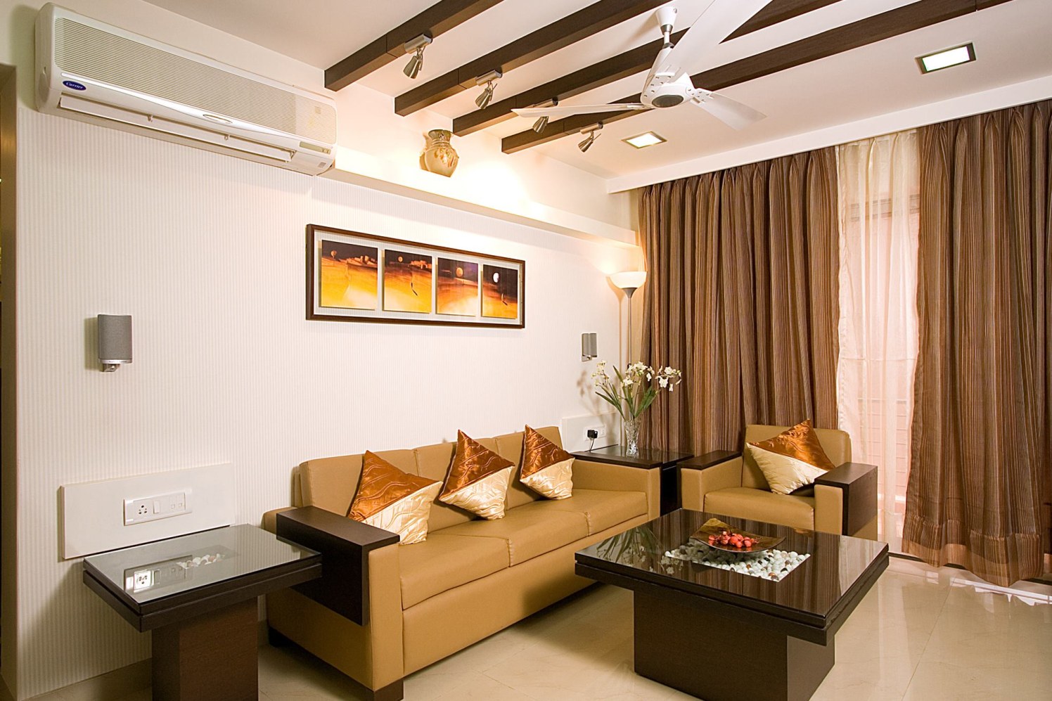 Beige Living Room With Shiny Cushions by Vikas Bhoir Living-room Contemporary | Interior Design Photos & Ideas