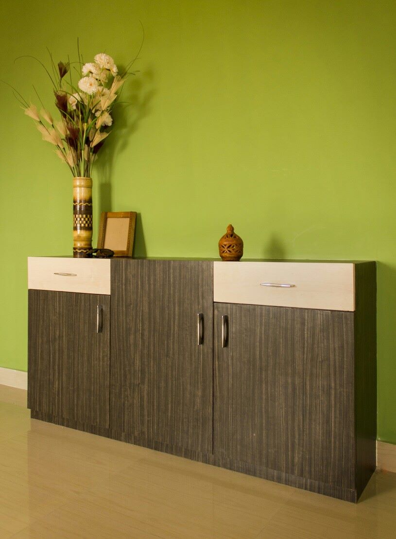 Hallway With Display Grey Unit And Green Background. by Snigdha Ghosh Indoor-spaces Contemporary | Interior Design Photos & Ideas