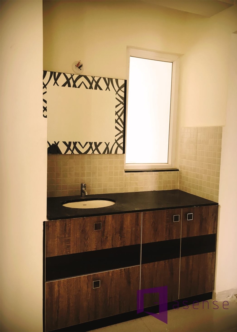 Bathroom With Wooden Cabinets And Square Mirror by Snigdha Ghosh Bathroom | Interior Design Photos & Ideas
