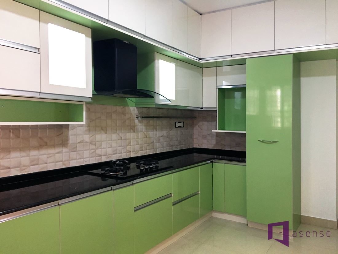 Olive Green And White Themed Modular Kitchen by Snigdha Ghosh Modular-kitchen Contemporary | Interior Design Photos & Ideas